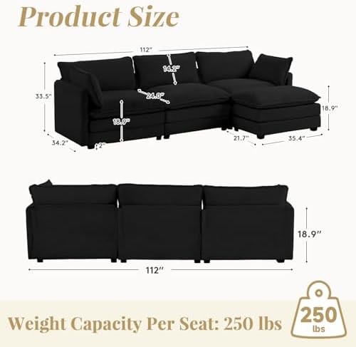 ROWHY 112'' Modular Sectional Cloud Couch with Movable Ottoman, 4 Seat Modern Corduroy Sofa, Deep Seat L Shaped Couch for Living Room Bedroom Apartment,Black