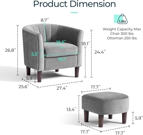 LINSY Accent Chair with Ottoman, Modern Barrel Chair Small Armchair Reading Chair with Footrest, Comfy Round Arms Chair for Living Room Bedroom Reading Room, Velvet(Grey)