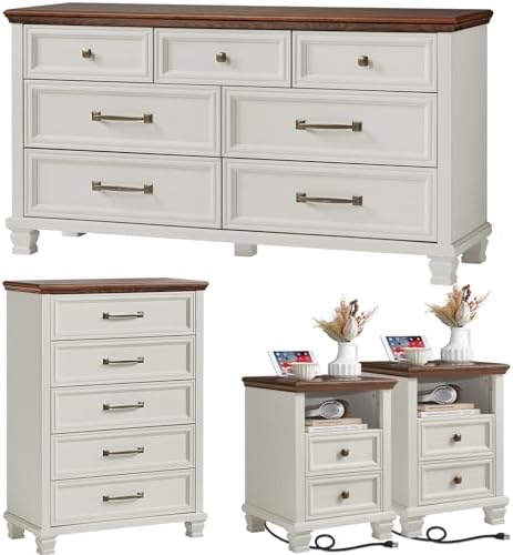 SAVOR LIFE Farmhouse Dresser and Nightstand Sets 4 Piece, White