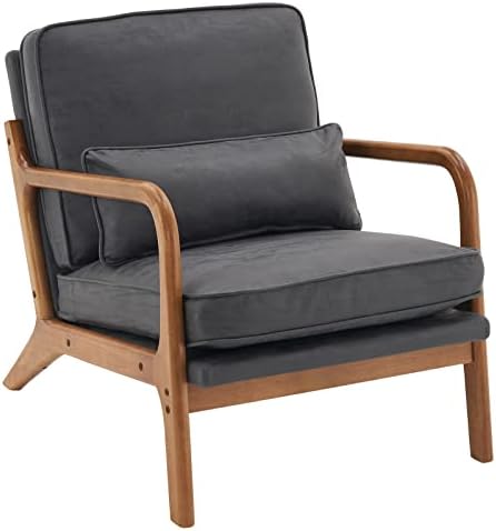 Bonnlo Microfiber Dark Grey Mid Century Modern Accent Chair, Soild Wood Padding Lounge Armchairs Side Sitting Chairs for Living Room, Bedroom, Guest Room