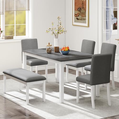 Zevemomo 6-Piece Solid Wood Dining Table Set, Wooden Legs, Grey & White