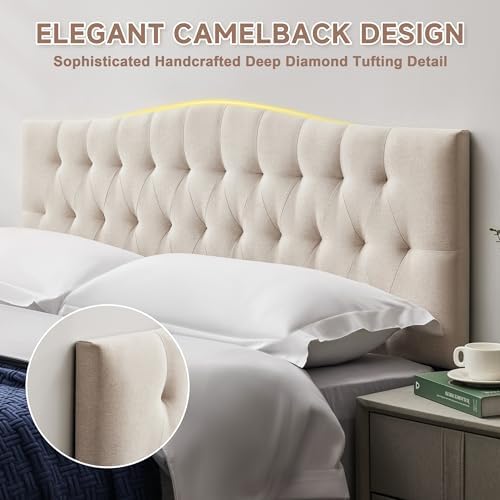 Tufted Upholstered Queen Size Headboard Only, Adjustable 38-50 in, Beige