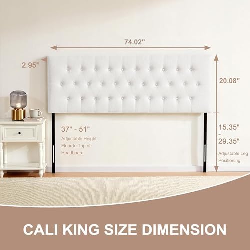 Upholstered Headboard California King, Adjustable Height 37''- 51'', White