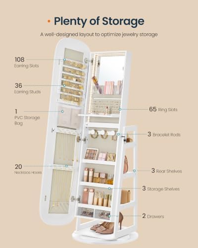 SONGMICS HOME 360° Swivel Jewelry Cabinet Standing, Mirror with Storage | Lockable Jewelry Armoire with Vanity and Rear Shelves, Full Length Floor Mirror with Storage, Cloud White UJJC036W01SH