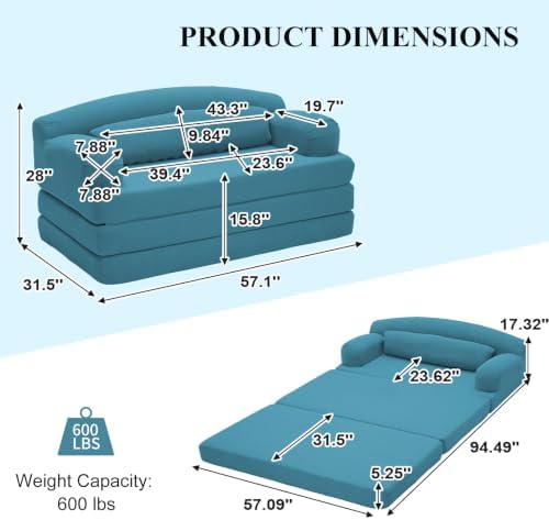 57” Convertible Sleeper Sofa Bed, Boneless Couch, Azure