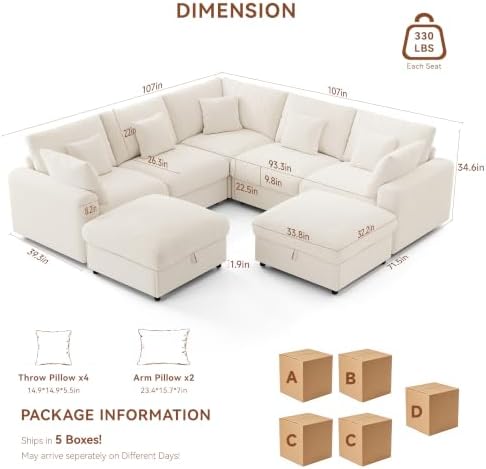 Ihanherry Oversized Cloud Sectional Couches for Living Room, Modular Sectional Sofa with Wide Deep Seat, Coner Couch with Throw Pillow and Storage Ottoman, Beige