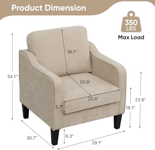 Accent Chairs Set of 2, Upholstered Living Room Chair with Side Pockets, Mid Century Modern Reading Chair for Bedroom, Comfy Armchair Single Sofa Side Chair for Office, Small Room, Light Brown