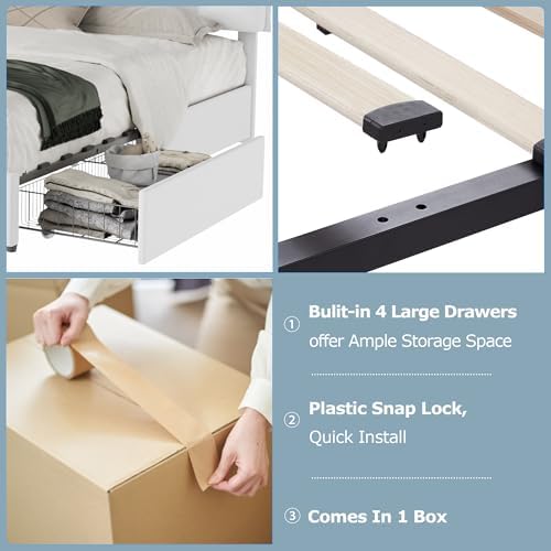 VECELO Full Size Bed Frame with 4 Storage Drawers, Adjustable Height Headboard, Heavy-Duty Platform Bedframe with Strong Wooden Slats, No Box Spring Needed, Pure White