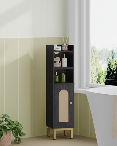 Hzuaneri Bathroom Storage Cabinet, Small Corner Floor Cabinet | Narrow Toilet Paper Holder, Bathroom Organizer with Adjustable Shelf, 2 Doors, for Small Spaces, Rattan Black BC08204Y
