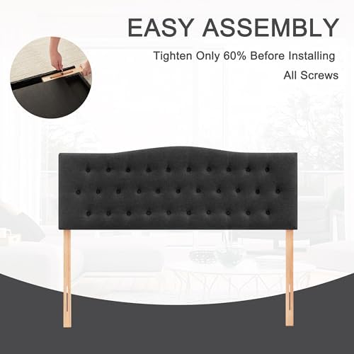Tufted Headboard Full Size, Solid Wood Adjustable Height Head Board, Black