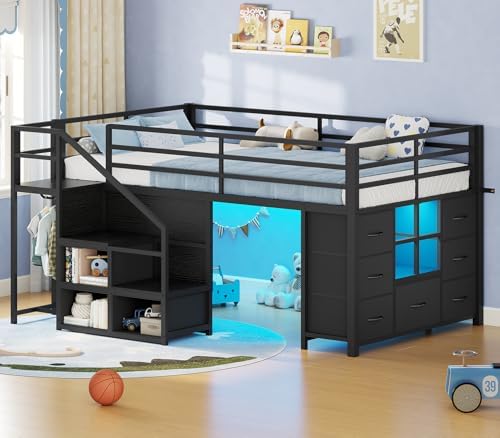 BTHFST Low Loft Bed Twin Size with Stairs,LED Lights,7 Large Drawers, Black