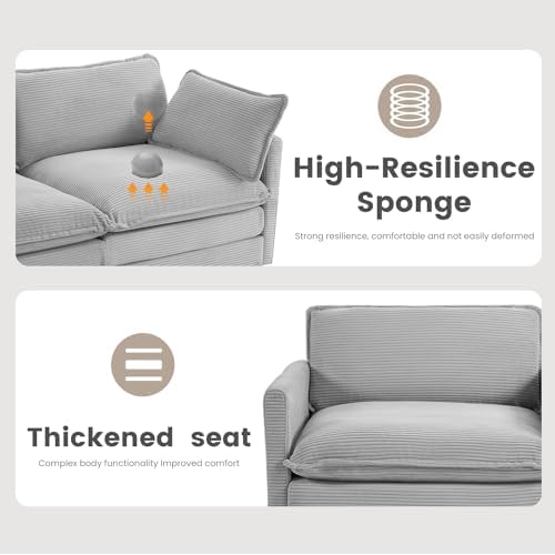 ROWHY 112'' Modular Sectional Cloud Couch with Movable Ottoman, 4 Seat Modern Corduroy Sofa, Deep Seat L Shaped Couch for Living Room Bedroom Apartment,Light Grey
