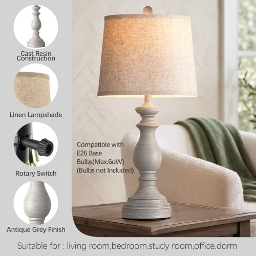 PARTPHONER Traditional Table Lamp Set of 2, Rustic Farmhouse Table Lamps for Living Room Bedroom, 27" Bedside Desk Lamps Vintage Nightstand Lamps with Linen Shades, Antique Grey