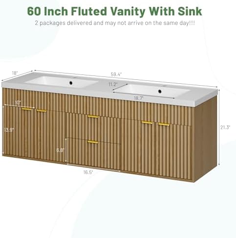 CARPETNAL 60 Inch Bathroom Vanity with Sink, Natural Oak. | Modern Fluted Large Double Sink Bathroom Vanity with Sink with 2 Storage Cabinets, Adjustable Shelf and 2 Drawers.