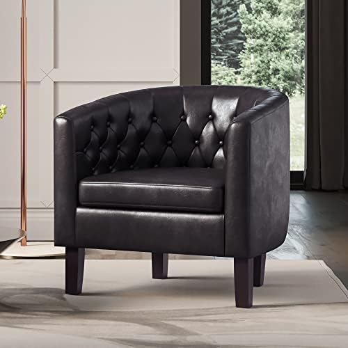BELLEZE Brown Accent Chairs for Living Room, Set of 2 Elegant Arm Chairs, Upholstered Tufted Barrel Chairs Club Chairs for Bedroom with Sturdy Legs and Faux Leather - Berlinda (Brown)