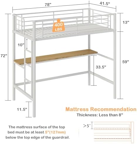 VECELO Loft Bed Twin Size with Desk, Metal Bedframe with Removable Ladder and Safety Guardrail, No Box Spring Needed, Space Saving, Noise Free, Pure White