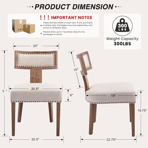 HNY Mid Century Modern Dining Chairs Set of 2, Farmhouse Linen Fabric Upholstered Accent Chairs Curved Nailhead Trim Backrest Kitchen Chairs, with Hardwood Frame, Beige