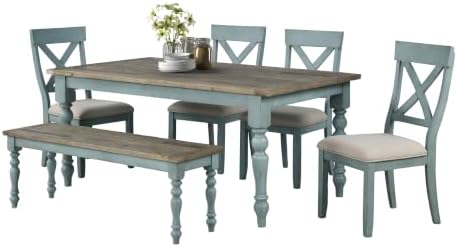 Roundhill Furniture Prato 6-Piece Dining Set, Dining Table with 4 Cross Back Chairs and Bench, Antique Blue and Distressed Walnut Finish