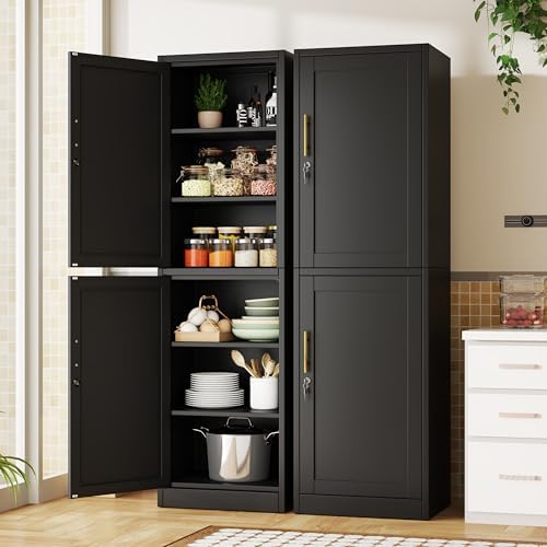 Tall Metal Narrow Bathroom Storage Locker Cabinet 67" H,Black Kitchen Pantry Cabinets with 4 Adjustable Shelves and 2 Lockable Doors,File Cabinet Organizer for Kitchen Home Office Living Dining Room