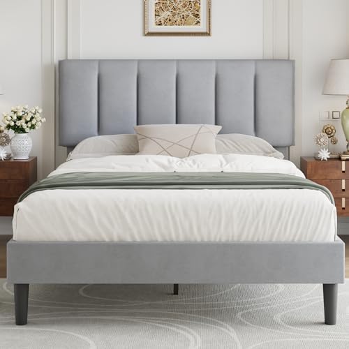VECELO Full Size Bed Frame with Upholstered Headboard, Light Grey