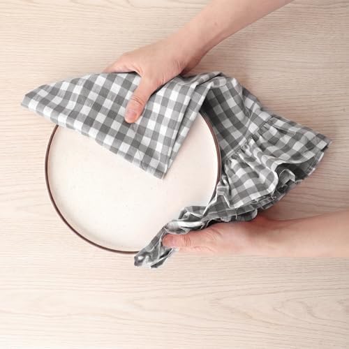 HunnmingRe 2 Pcs Gray Gingham Kitchen Towels Cotton Ruffled