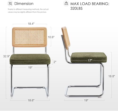 Zesthouse Natural Rattan Dining Chairs Set of 2, Mid Century Modern Dining Chairs with Solid Wood Back & Chrome Base, for Kitchen Living Room, Breuer Design Inspired, Upholstered Linen Fabric, Green