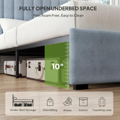 Welzona Full Size Velvet Upholstered Bed Frame with Tufted Headboard, Blue