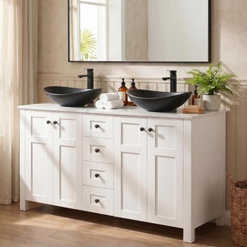 48" Bathroom Vanity with Sink, White Modern Freestanding Bathroom Vanity Cabinet with Marble Texture Top and 4 Drawers, Two Black Boat Ceramic Vessel Sinks
