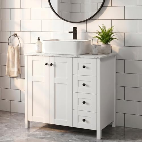 32" White Bathroom Vanity with Marble Texture Top and 4 Drawers, Modern Standing Pedestal Cabinet with White Ceramic Sink