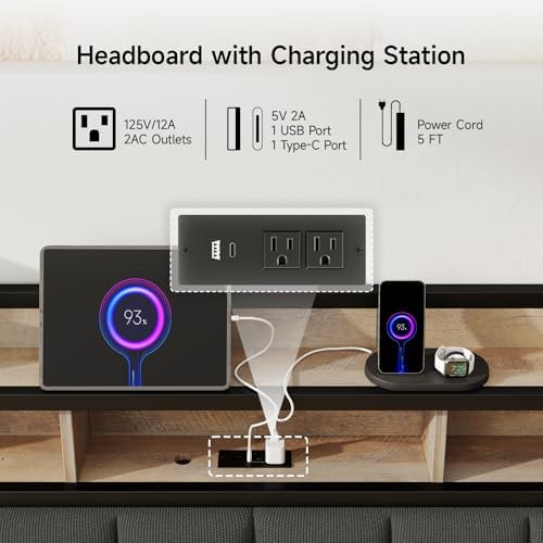 Queen Headboard Only with Storage, Charging Station, Black&Brown