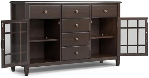 SIMPLIHOME Connaught 60" Wide Solid Wood 3-Door Buffet in Chestnut Brown