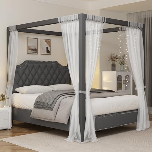 IDEALHOUSE Full Size Canopy Bed Frame with Nailhead Decoration Headboard