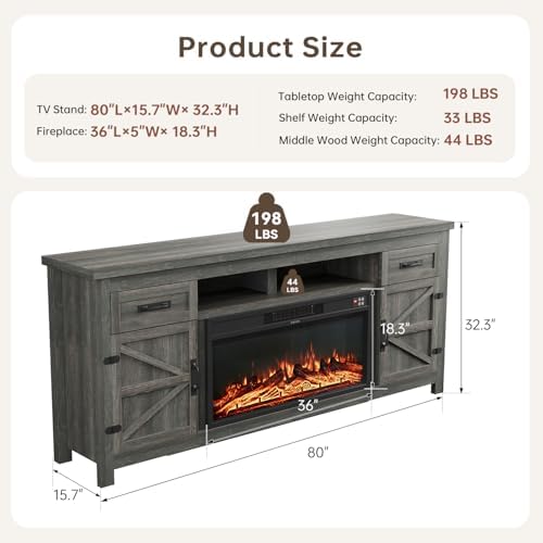 Fireplace TV Stand with Barn Door, 80 inch, Grey