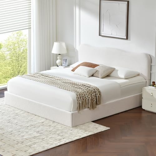 VELOCAVA King Size Boucle Upholstered Platform Bed with Lift-Up Storage, Soft Bed with Curved Headboard, Rounded Corners, Sturdy Wooden Slat Support, No Box Spring Needed, Easy Assembly, Cream White