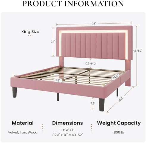 SHA CERLIN King Size Velvet Bed Frame with LED Light, Pink