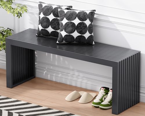 Bamboo Dining Bench, 35'' Slatted Design Entryway Bench, Black