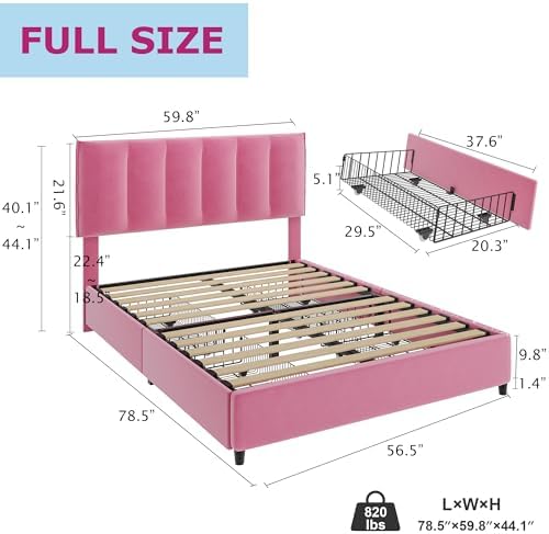 VECELO Full Upholstered Bed Frame with 4 Storage Drawers and Adjustable Velvet Headboard, Heavy-Duty Platform bedframe, No Box Spring Needed, Pink