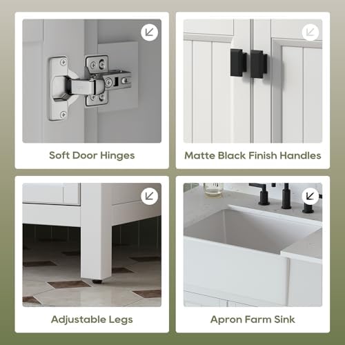 36 Inch Bathroom Vanity with Apron Farm Sink, White | Solid Wood Fully Assembled Bathroom Sink Cabinet, Farmhouse Single Sink Bathroom Vanity with Soft Close Doors, Stone Top