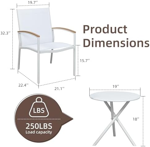Shintenchi 3 Pieces Patio Bistro Sets, Outdoor Textilene Fabric Conversation Bistro Set, Textilene Fabric Front Porch Chairs Small Patio Furniture Set with Table for Lawn,Garden,Balcony (White)