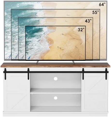 JUMMICO TV Stand for 65 Inch TV, Sliding Barn Doors, White