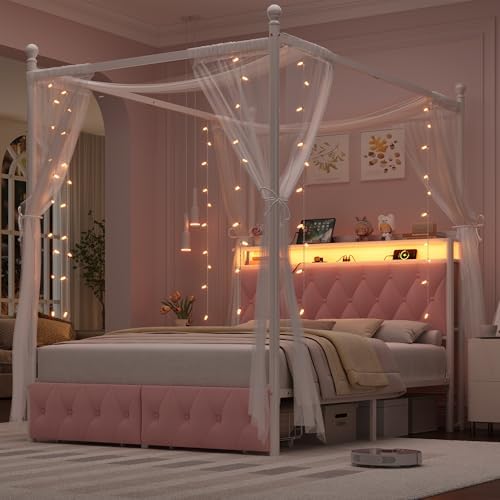 HIFIT Full Size LED Canopy Bed Frame with Storage & Charging Station, Pink
