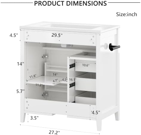 YOPTO 30" Bathroom Vanity with Sink, Freestanding Bathroom Cabinet | Ceramic Top & Backsplash, 3 Storage Drawers, 1 Tilt-Out Storage, Adjustable Shelving, Door Storage and Towel Bar, White