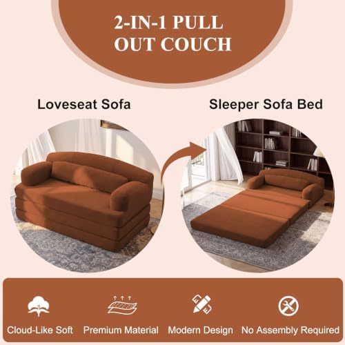 57” Convertible Sleeper Sofa Bed, Boneless Couch, Orange