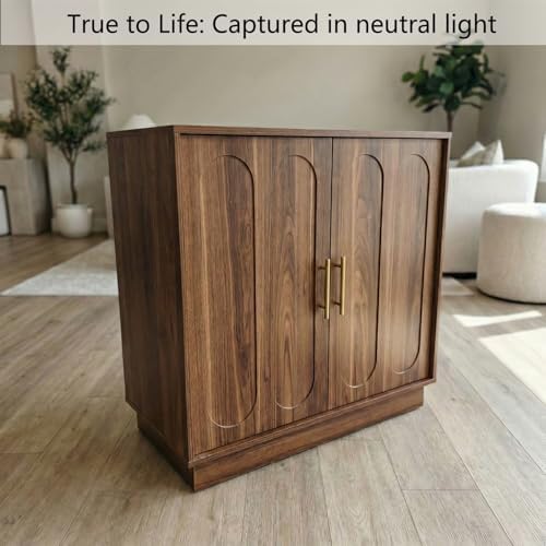 holzart 31.5" Modern Farmhouse Storage Cabinet, Rustic Brown 2 Door Sideboard Buffet with Gold Handles, Fluted Wood Accent Credenza for Entryway, Living Room, Coffee Bar, Home Office