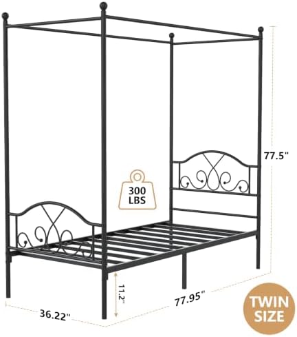 Twin Princess Canopy Bed Frame with 4 Posters, Twin Size Bed for Kids Girls