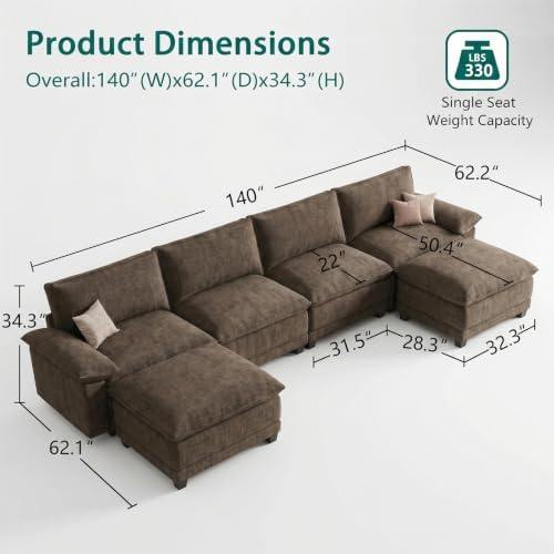 140" Modular Sectional Couch, U Shaped Cloud Sofa for Living Room