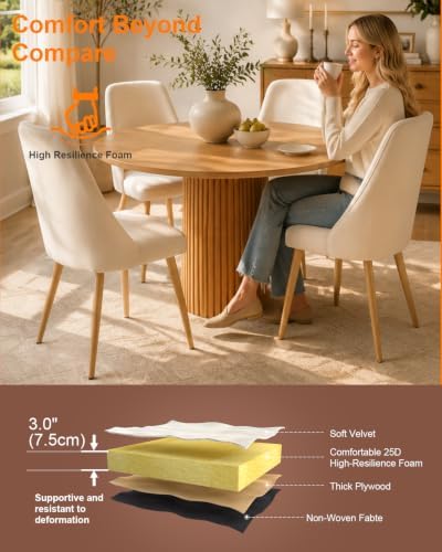 High Back Dining Chairs Set of 2, Mid-Century Modern Living Room Chairs, Velvet Comfortable Seats with Sturdy Legs Upholstered Farmhouse Kitchen Chairs for Bedroom Office Easy Assemble-Beige