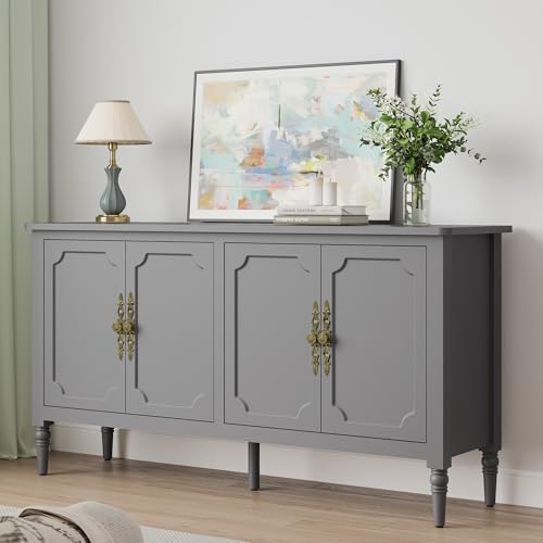 RoyalCraft Buffet Cabinet with Storage, 59" Vintage Sideboard with Adjustable Shelves, Mid Century Modern Painted Credenza Coffee Bar for Kitchen, Dining Room, Entryway, Living Room, Dove Gray