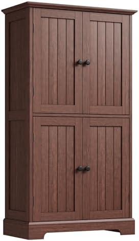 ChooChoo Bathroom Floor Cabinet with Adjustable Shelves | Bathroom Storage Cabinet, 4 Doors, Freestanding Cupboard for Living Room, Kitchen Pantry, Walnut