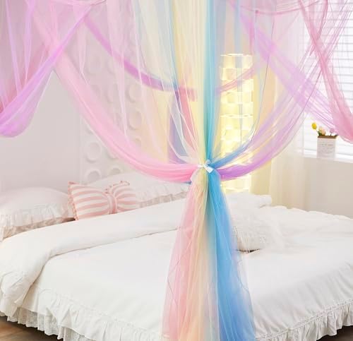 Mengersi Rainbow Canopy Bed Curtaina Mosquito Net for Bed Canopy, Four Corner Post Curtains Elegant Bed Netting, Screen Netting Canopy Curtains for Full to King Size Bed
